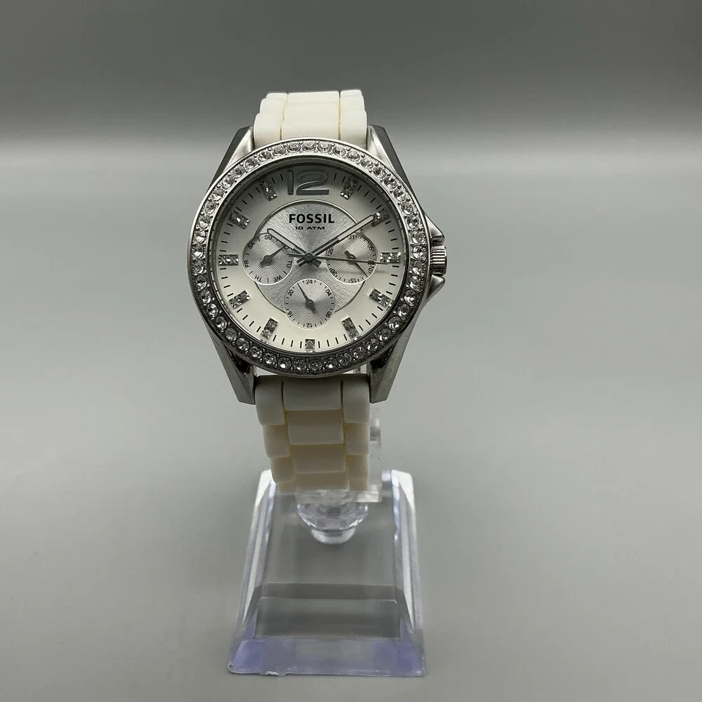 Fossil Womens Watch 38mm White Dial Silicone Crystal Bezel Multi Dial ES3244